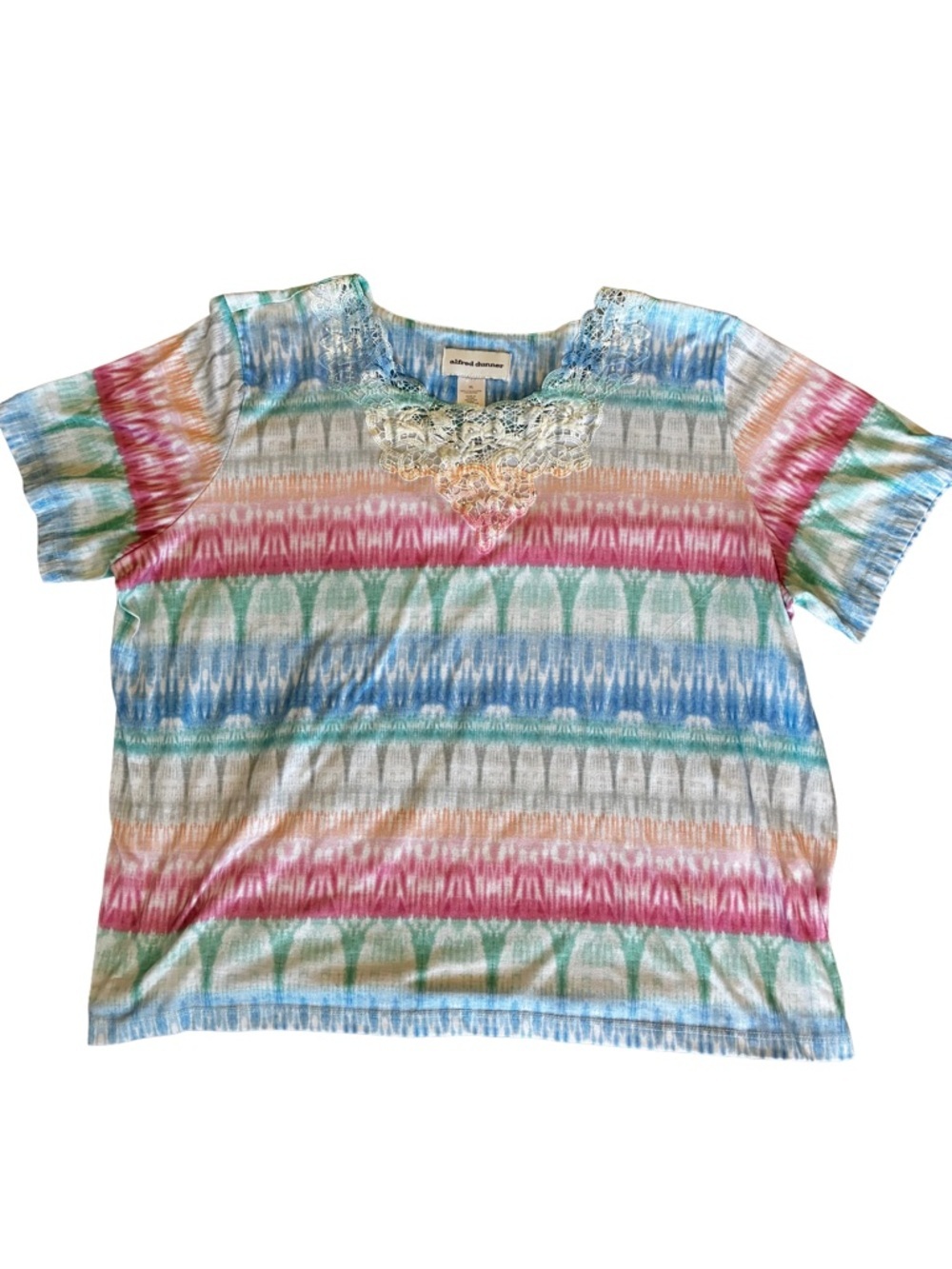 Alfred Dunner Colorful Ikat Boho Crochet Neck Resort Top XL